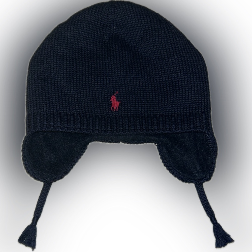 Ralph Lauren Baby Infant Navy Knit Earflap Beanie Hat Red Polo Pony Logo Preppy